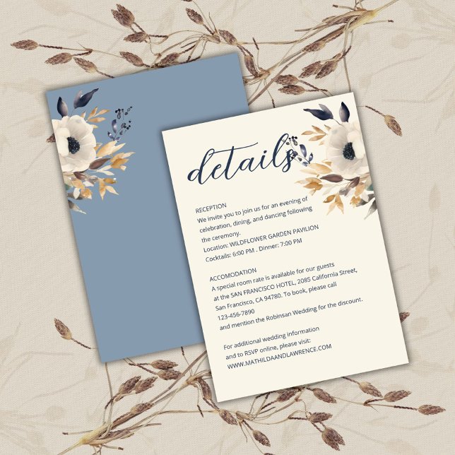 Carte D'accompagnement Elégant Dusty Blue Gold Mariage Floral d'hiver (Elegant Dusty Blue Gold Winter Floral Wedding Enclosure Card)