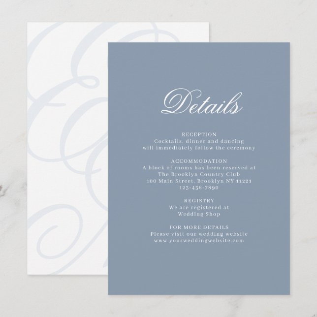 Carte D'accompagnement Elegant Dusty Blue Monogram Détails du Mariage (Devant / Derrière)