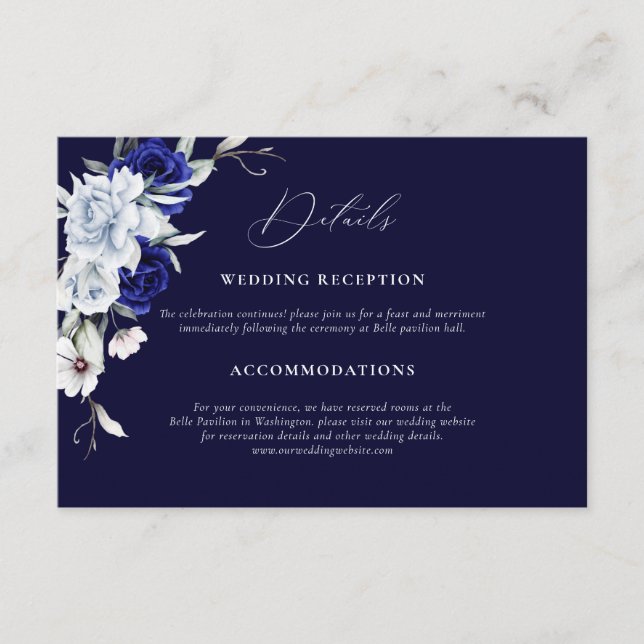Carte D'accompagnement Elegant Dusty Blue Navy Floral Détails du Mariage (Devant)