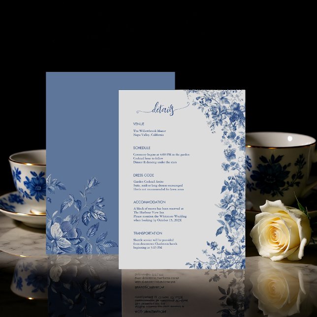 Carte D'accompagnement Elegant Dusty Blue Toile Floral Wedding Details (Elegant Dusty Blue Toile Floral Wedding Details Enclosure Card)