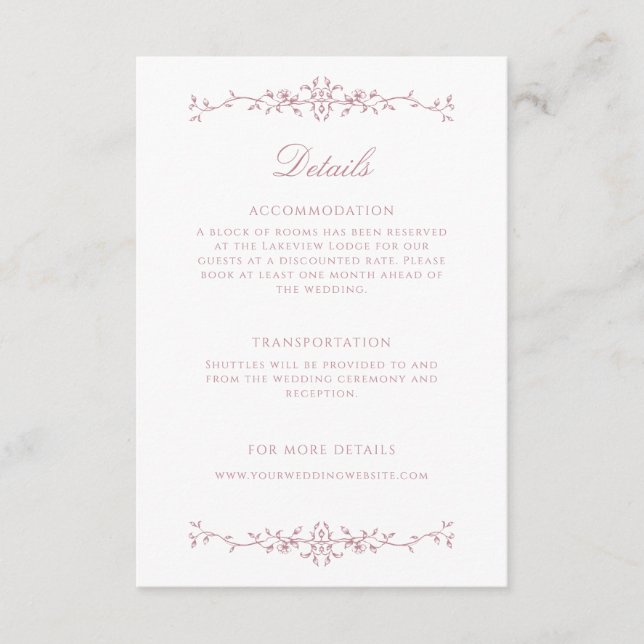 Carte D'accompagnement Elegant Dusty Rose Line Art Mariage Détails (Devant)