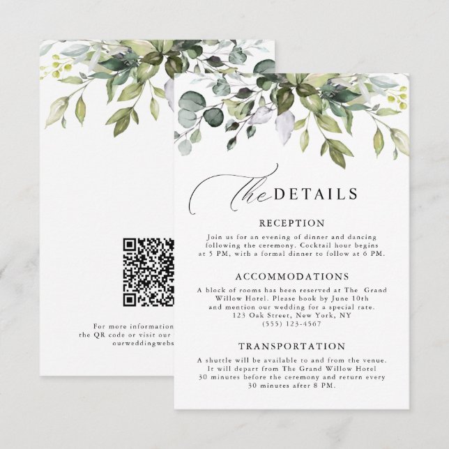Carte D'accompagnement Élégant écriture Eucalyptus Verdure Code QR Mariag (Devant / Derrière)