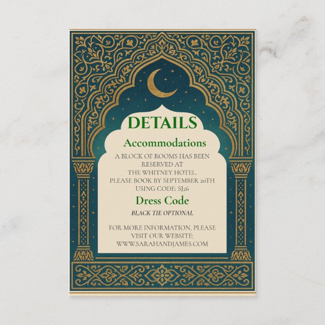 Carte D'accompagnement Elegant Emerald & Gold Ornate Arch Wedding Details (Devant)