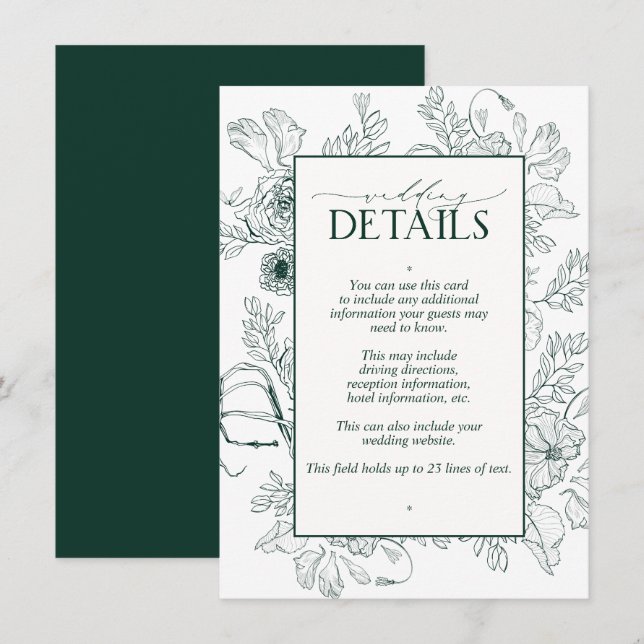 Carte D'accompagnement Élégant Emerald Green Floral Détails du Mariage (Devant / Derrière)