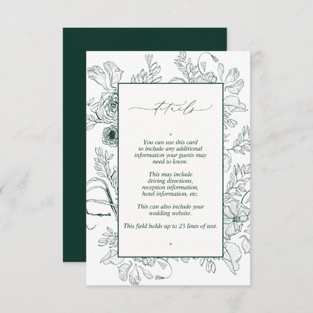 Carte D'accompagnement Élégant Emerald Green Floral Détails du Mariage (Devant / Derrière)