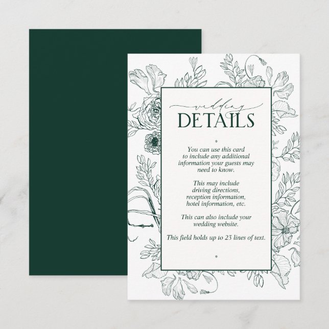 Carte D'accompagnement Élégant Emerald Green Floral Détails du Mariage (Devant / Derrière)