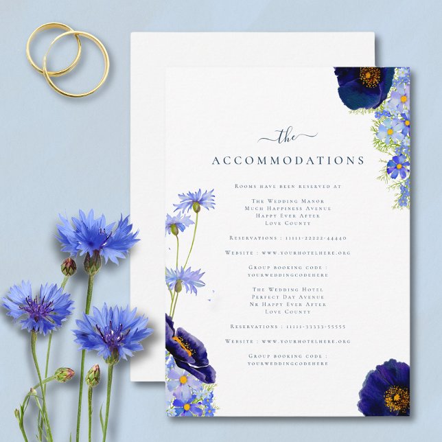 Carte D'accompagnement Élégant été Floral Blue Mariage hébergement (Modern blue summer floral wedding invitation accommodations enclosure card)