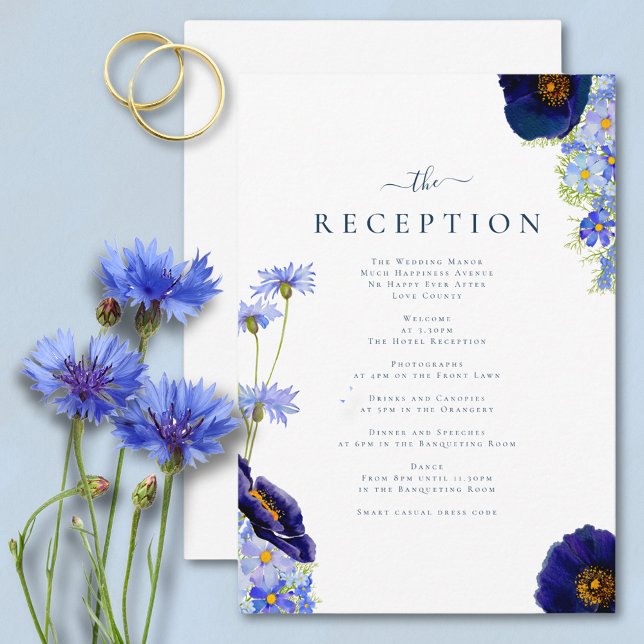 Carte D'accompagnement Elégant été Floral Blue Mariage Réception (Elegant wildflower watercolor summer floral blue wedding reception card with modern typography )