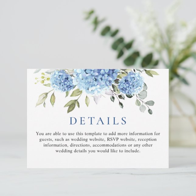 Carte D'accompagnement Elegant Eucalyptus Blue Hydrangea Détails du Maria (Debout devant)