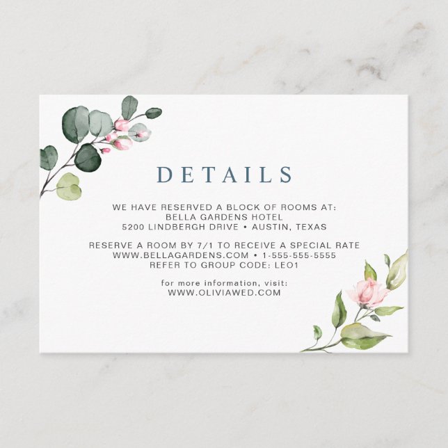 Carte D'accompagnement Elegant Eucalyptus Blush Rose Détails Mariage Enc (Devant)