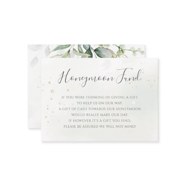 Carte D'accompagnement Elégant Eucalyptus Green Gold Honeymoon Fund (Devant/Arrière en situation)