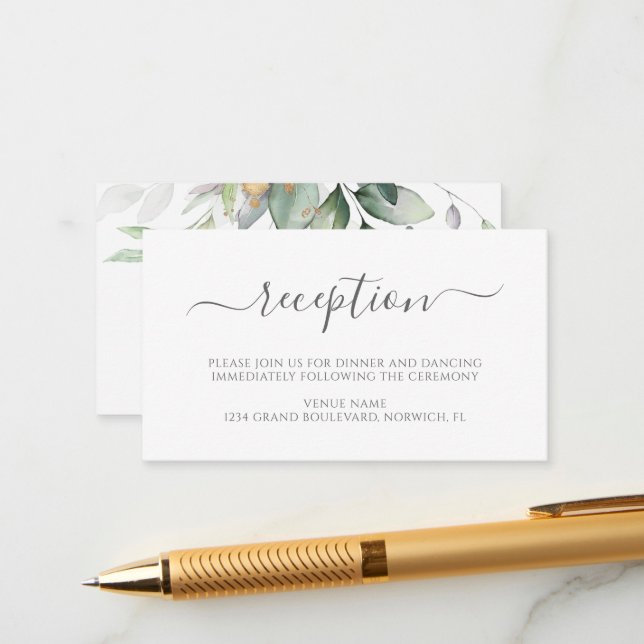 Carte D'accompagnement Elégant Eucalyptus Greenery Gold Mariage Réception (Devant/Arrière en situation)