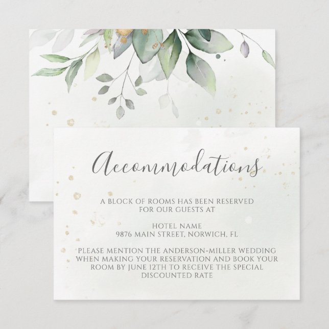 Carte D'accompagnement Elégant Eucalyptus Verdure Or Hébergements (Devant / Derrière)