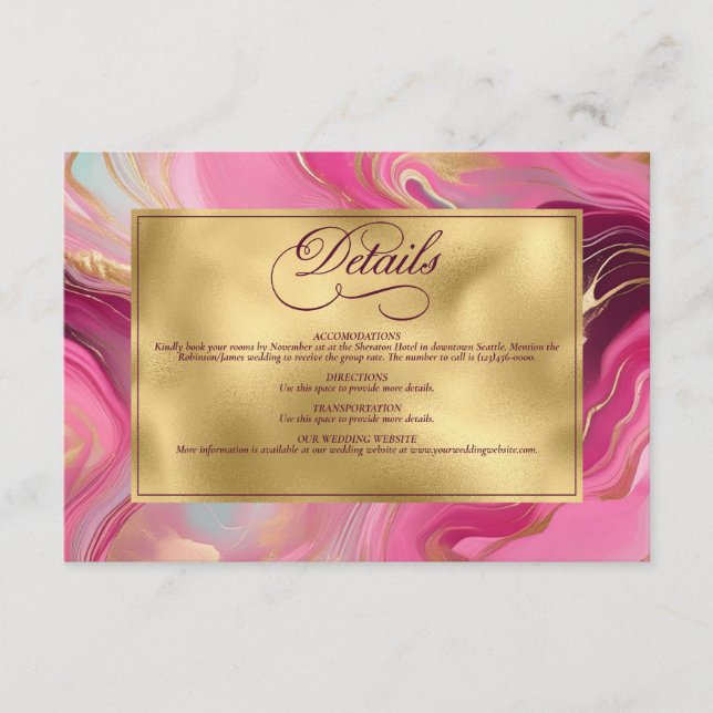 Carte D'accompagnement Elégant Faux Gold et Mariage en marbre rose (Devant)