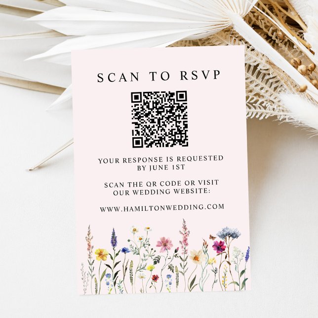 Carte D'accompagnement Elégant Fleur sauvage Blush rose QR Code Mariage R (Créateur téléchargé)