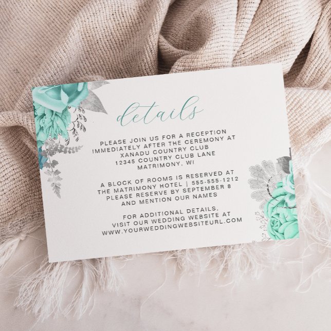 Carte D'accompagnement Elégant Floral Aqua Silver Script Détails Mariage (Créateur téléchargé)