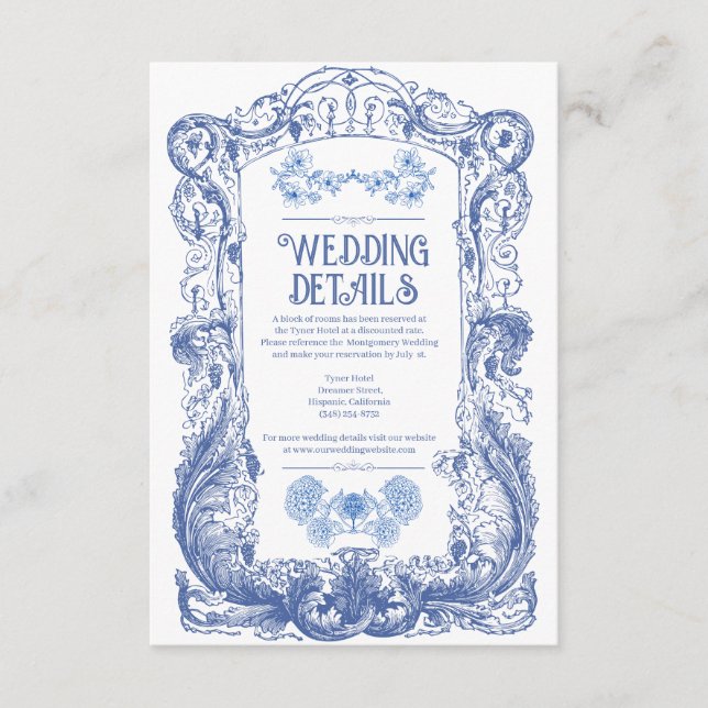 Carte D'accompagnement Élégant Floral Baroque Blue Colonne Mariage (Devant)