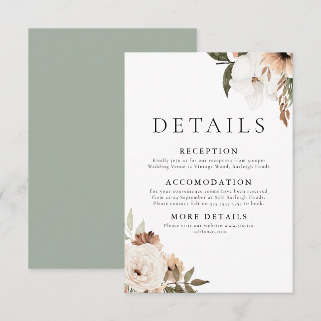Carte D'accompagnement Elegant Floral Boho Détails du Mariage (Devant / Derrière)