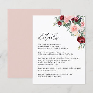 Carte D'accompagnement Elégant Floral Bourgogne Blush Détails du Mariage
