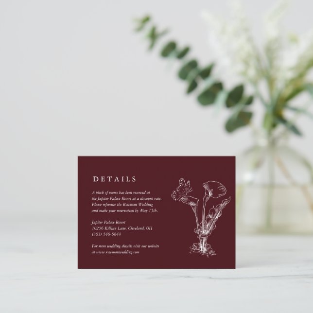 Carte D'accompagnement Elegant Floral Burgundy Wedding Details Card (Debout devant)