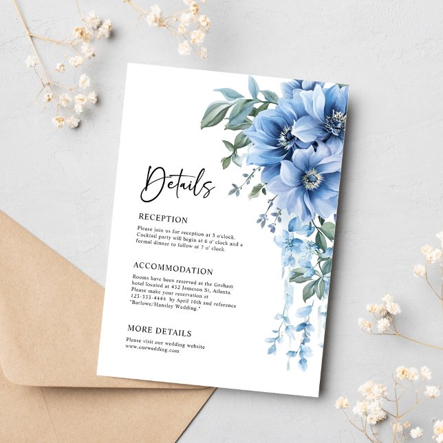 Carte D'accompagnement Elégant Floral Dusty Blue Détails du Mariage (Elegant Floral Dusty Blue Wedding Details Enclosure Card)