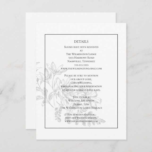 Carte D'accompagnement Elégant Floral moderne noir blanc Mariage Détails (Devant / Derrière)