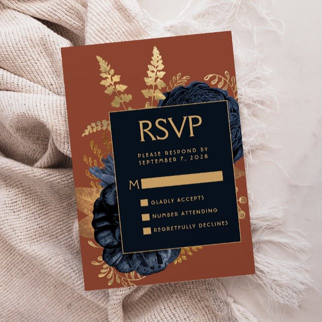Carte D'accompagnement Elégant Floral Navy Blue Rust Gold Wedding RSVP (Créateur téléchargé)