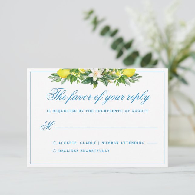 Carte D'accompagnement Elégant Formal Blue Floral Crest Wedding RSVP (Debout devant)