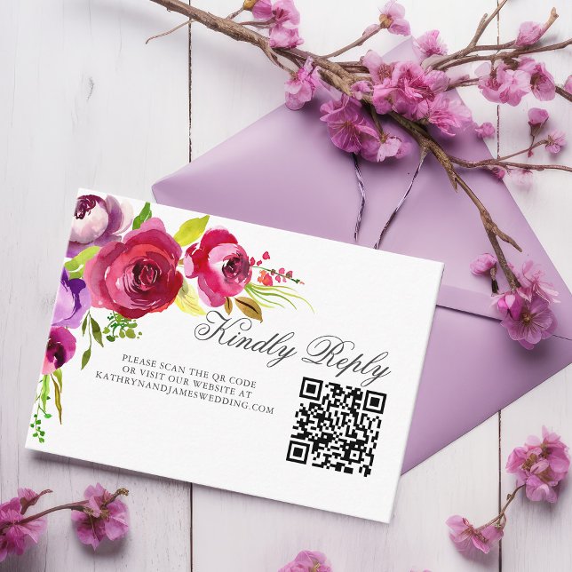 Carte D'accompagnement Elégant Fuchsia rose Floral QR Code Mariage RSVP (Créateur téléchargé)