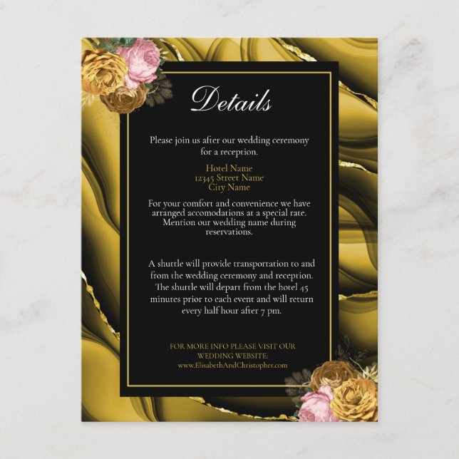 Carte D'accompagnement Elegant Gold Black Floral Détails du Mariage (Devant)