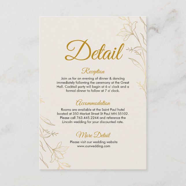 Carte D'accompagnement Elegant Gold Floral Wedding Details Enclosure Card (Devant)