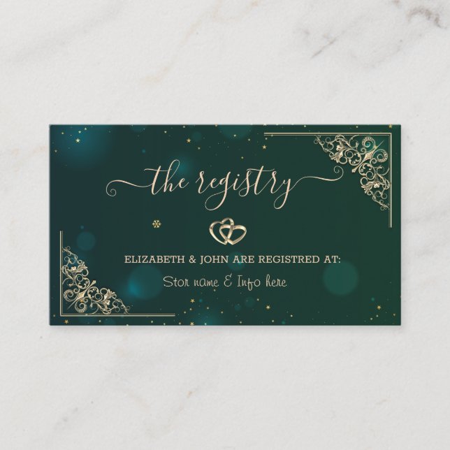 Carte D'accompagnement Elégant Gold Hearts Cadre Green Mariage Registre (Devant)