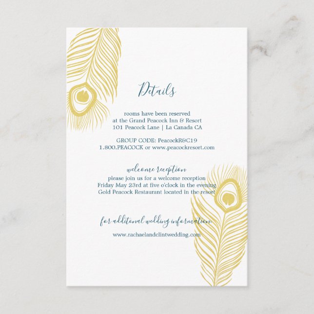 Carte D'accompagnement Elegant Gold Peacock Mariage Informations clients (Devant)
