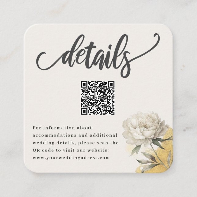 Carte D'accompagnement Elegant Gold Peony QR Détails du Mariage (Devant)
