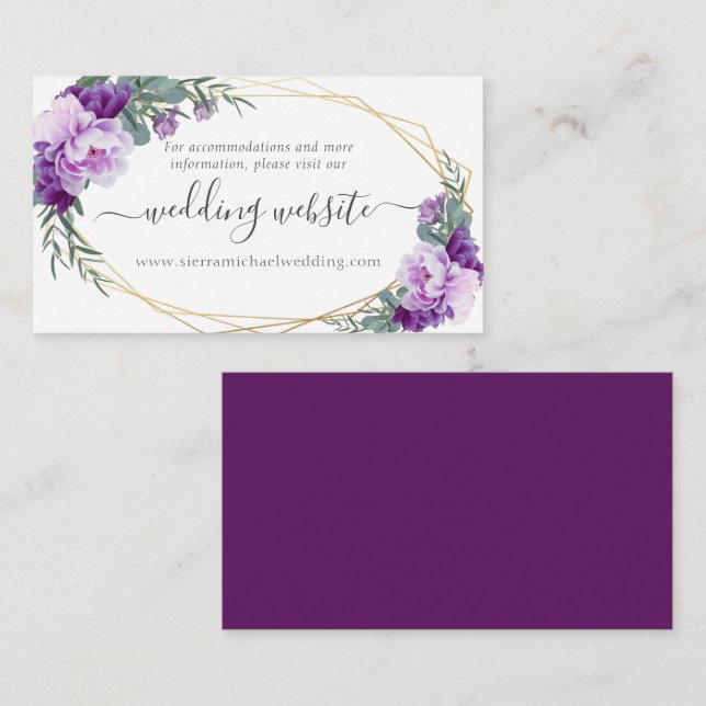 Carte D'accompagnement Elegant Gold & Purple Floral Mariage Site Web Encl (Devant / Derrière)