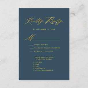 Carte D'accompagnement Elégant Gold Script Blue Minimalist Wedding RSVP