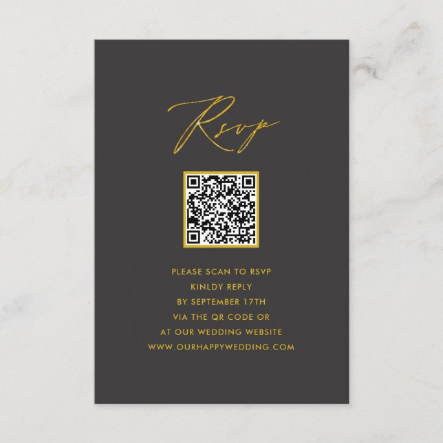 Carte D'accompagnement Elégant Gold Script moderne gris QR Wedding RSVP (Devant)