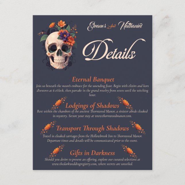 Carte D'accompagnement Élégant gothique 3D crâne floral détails du code Q (Devant)