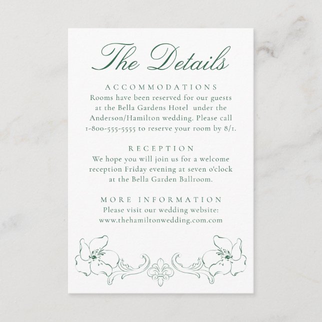 Carte D'accompagnement Elegant Green Ornate Floral Wedding Details (Devant)