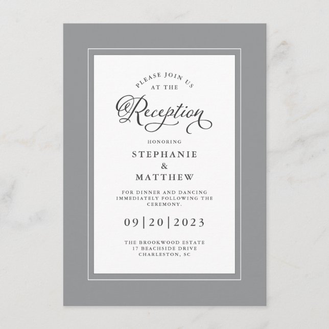 Carte D'accompagnement Elégant Gris Blanc Mariage Réception Bordures Chic (Devant)