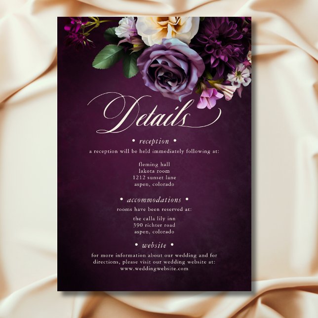 Carte D'accompagnement Élégant Lavande et Mariage de script floral bordea (Elegant Lavender & Burgundy Floral Script Wedding Details Enclosure Card)