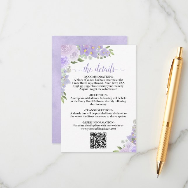 Carte D'accompagnement Elegant Lavender Floral Mariage Détails QR Code (Devant/Arrière en situation)