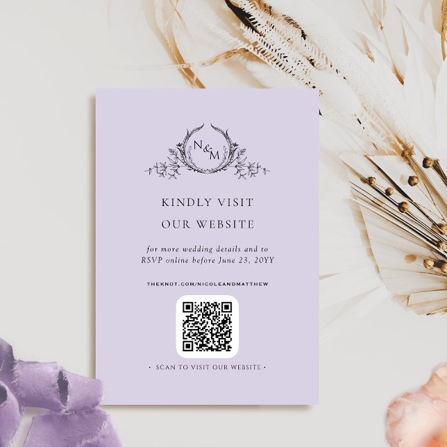 Carte D'accompagnement Elegant Lavender Monogram QR Code / RSVP Online (Créateur téléchargé)