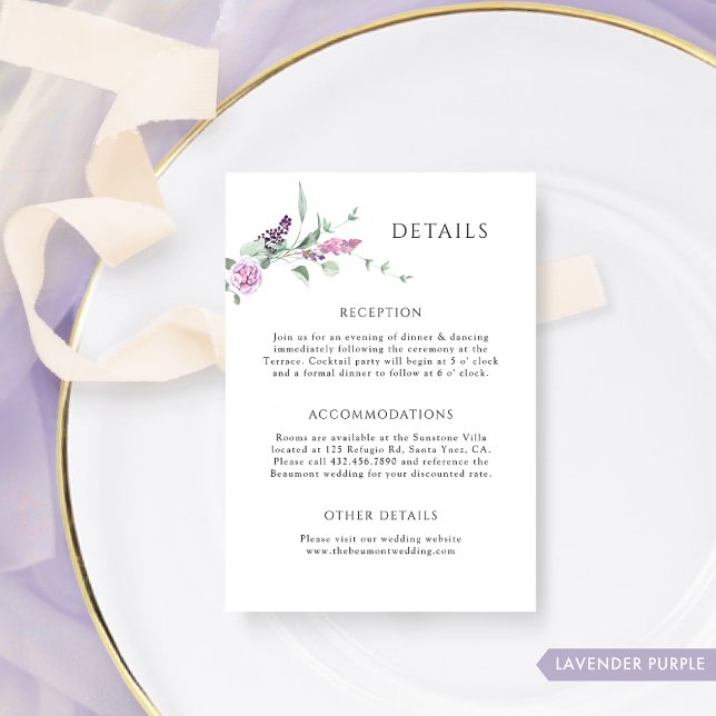 Carte D'accompagnement Élégant Lavender Pastel Floral Détails du Mariage (Créateur téléchargé)