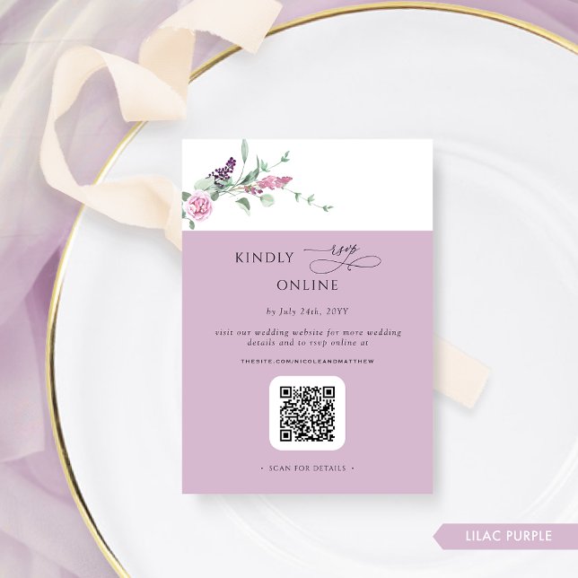 Carte D'accompagnement Elégant Lilac Pastel Floral RSVP Online, QR Code (Créateur téléchargé)