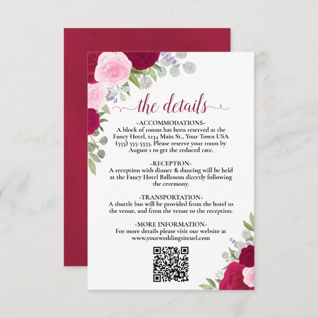 Carte D'accompagnement Elégant Magenta Rose Roses Détails du Mariage QR C (Devant / Derrière)