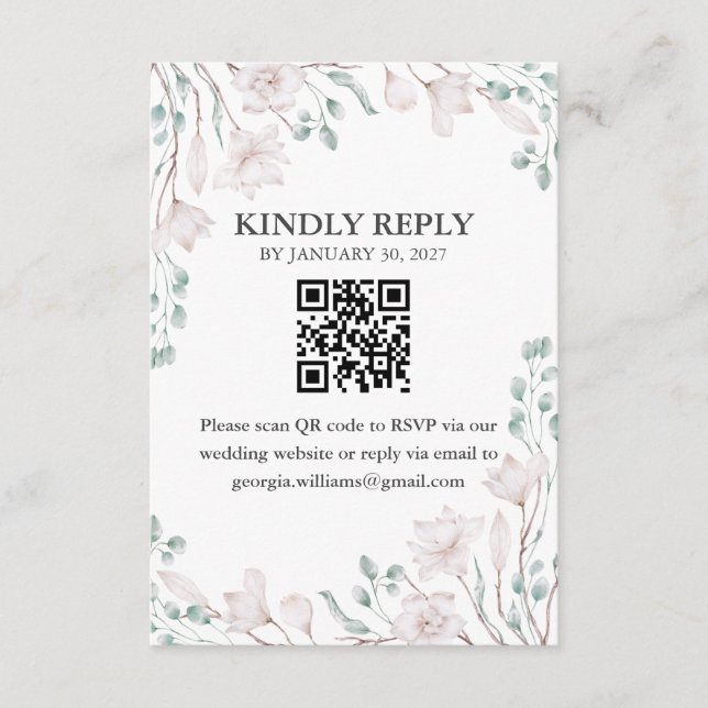 Carte D'accompagnement Elegant Magnolia Eucalyptus QR Code RSVP Enc (Devant)