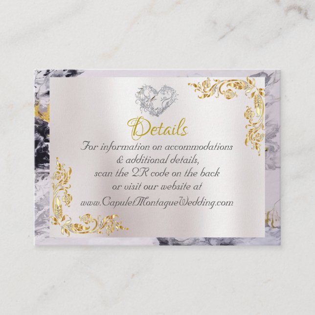 Carte D'accompagnement Elegant Marble, White, Gold Frame, Silver Heart (Devant)