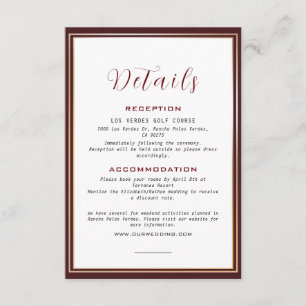 Carte D'accompagnement Elégant Mariage à cadre foncé bordeaux & or Détail