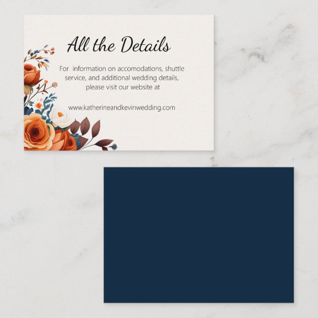 Carte D'accompagnement Elégant Mariage bleu marine et orange (Devant / Derrière)